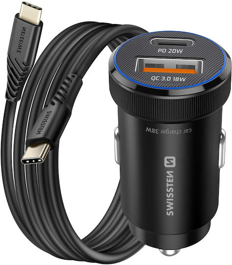 Swissten 20W USB-C USB-A QC 3.0 18W Car Charger 60W USB-C Cable Black
