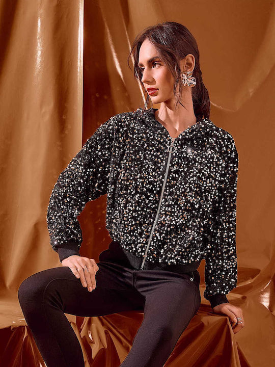 Celestino Γυναικεία Ζακέτα Bomber Βελούδινη Παγιέτες Loose Fit Ασημί