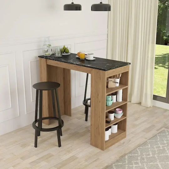 Bar Table Oak Black Marble Surface & Shelves 120x51x101cm