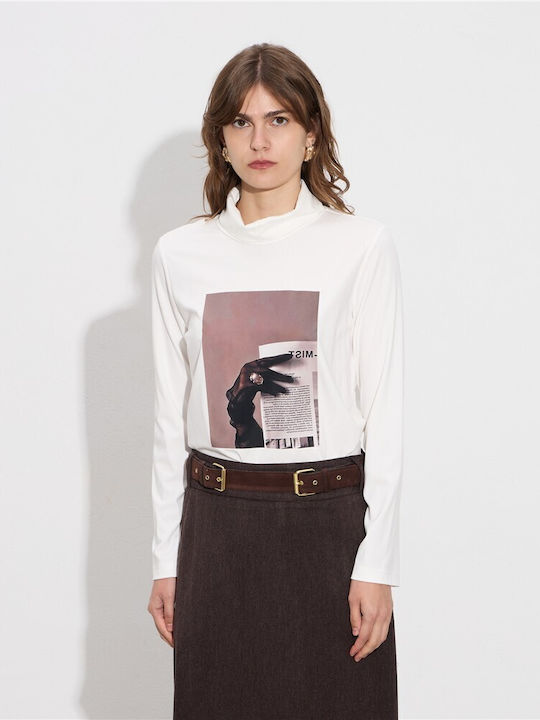 Damen Bluse Langärmelig Rollkragenpullover Ecru