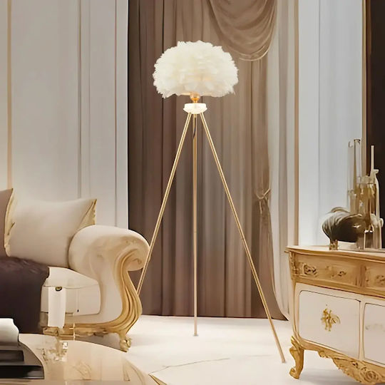 Floor Lamp Gold Tripod Feather Shade 60x148cm