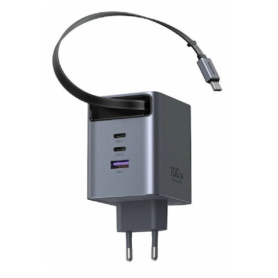 Ugreen Ladegerät GaN mit USB-A Anschluss und 2 USB-C Anschlüsse und Kabel USB-C 100W Stromlieferung Gray (X616)