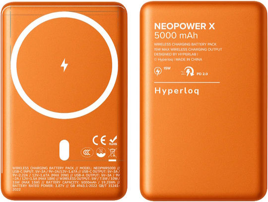Hyperloq NeoPower X MagSafe 5000mAh 15W with USB-A Port and USB-C Port Orange