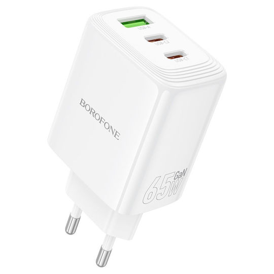 Borofone Charger Without Cable GaN with USB-A Port and 2 USB-C Ports 65W Power Delivery / Quick Charge 3.0 Whites (BN32 Cargador)