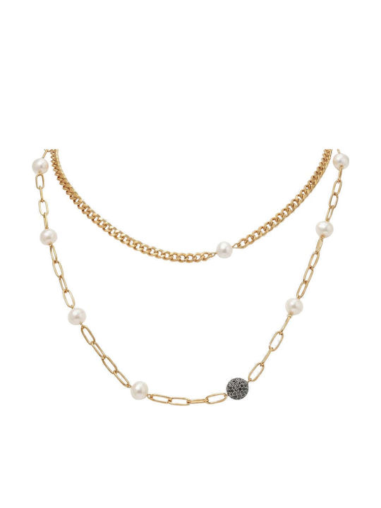 Charmy Necklace Double from Gold Plated Steel with Pearls