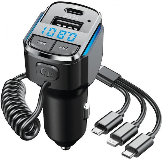Aj Car Charger Fast Charging with Ports: 1xUSB 1xType-C with Cable Lightning / Type-C and FM Transmitter
