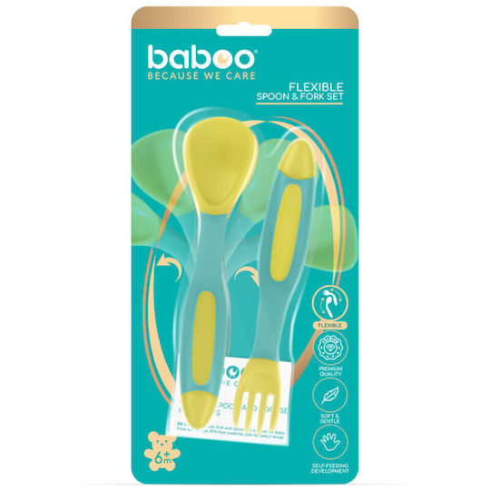 Baboo Baby Set with Fork with Temperature Indicator made of Silicone for 6+ months Yellow 2pcs