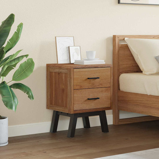 Wooden Bedside Table with Metal Legs Solid Wood Teak 40x35x55cm
