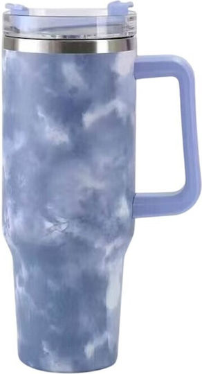 Pahar Cu Mâner Termos Din Oțel Inoxidabil / Plastic 1.2lt Albastru Cu Pai Și Mâner