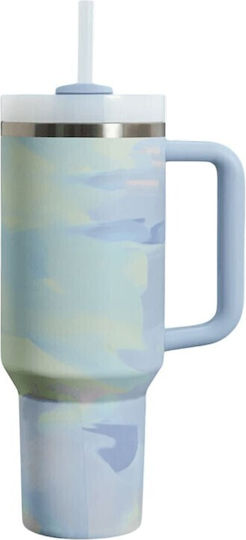 Rolinger Thermosflasche Rostfreier Stahl / Kunststoff 1,2l Hellblau mit Stroh und Handgriff
