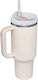 Handled Tumbler Stainless Steel Plastic 1.2L Beige with Straw and Handle
