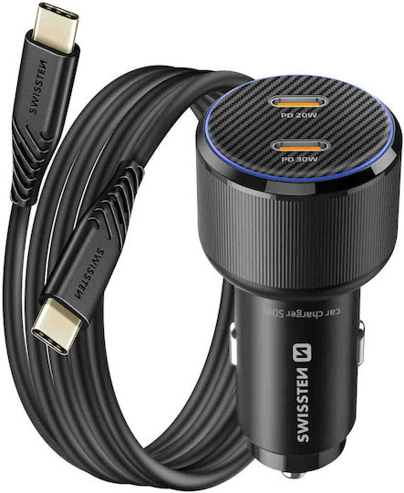 Swissten 20W 30W Power Delivery 2x USB-C Car Charger USB-C Cable Black