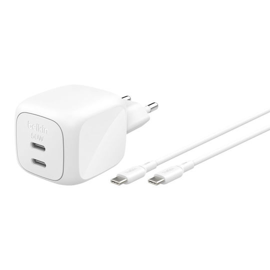 Belkin Charger GaN with 2 USB-C Ports and Cable USB-C 50W Power Delivery Whites (BoostCharge Pro)