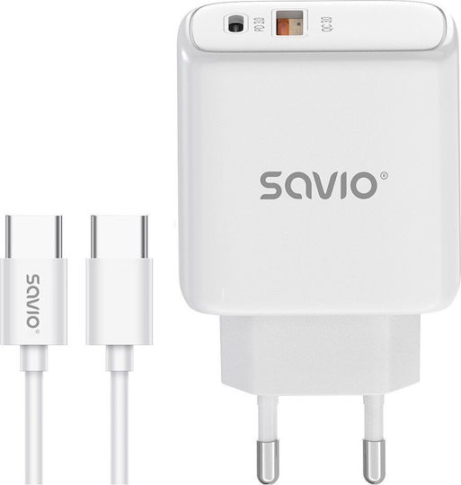 Savio с USB-A порт и USB-C порт и кабел USB-C - USB-C 20W Power Delivery Бял (LA-13)