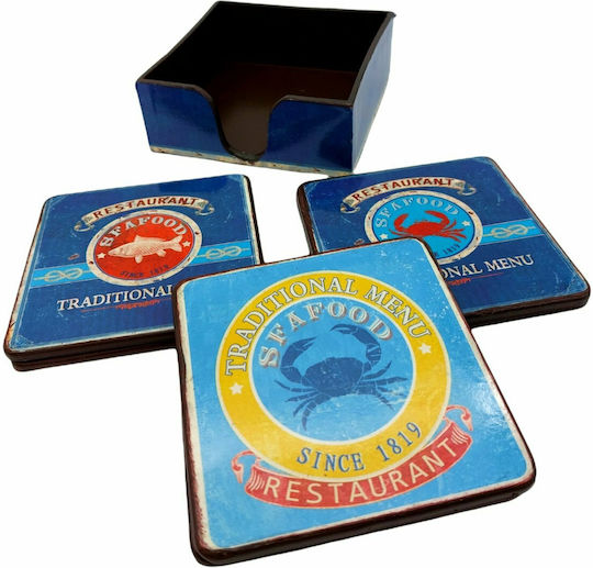 Wooden Blue Coasters with Stand 11x11cm 4pcs