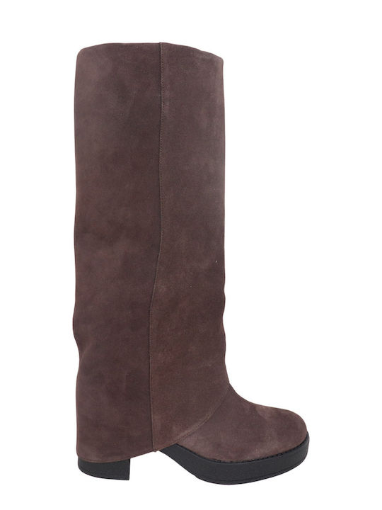 Leder Damenstiefel mit mittlerem Absatz Braun