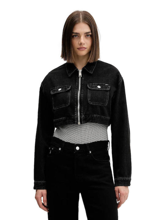 Women's Crop Jean Jacket for Spring or Autumn Black