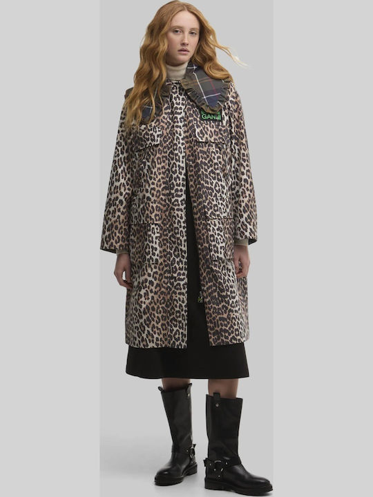 Ganni Women's Long Parka Jacket Waterproof for Winter with Hood Leopard Print