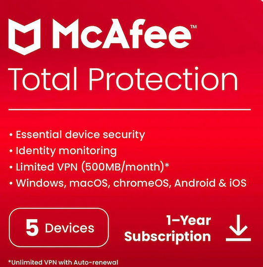 McAfee Total Protection for 5 Devices and 1 Year of Use (Electronic License)