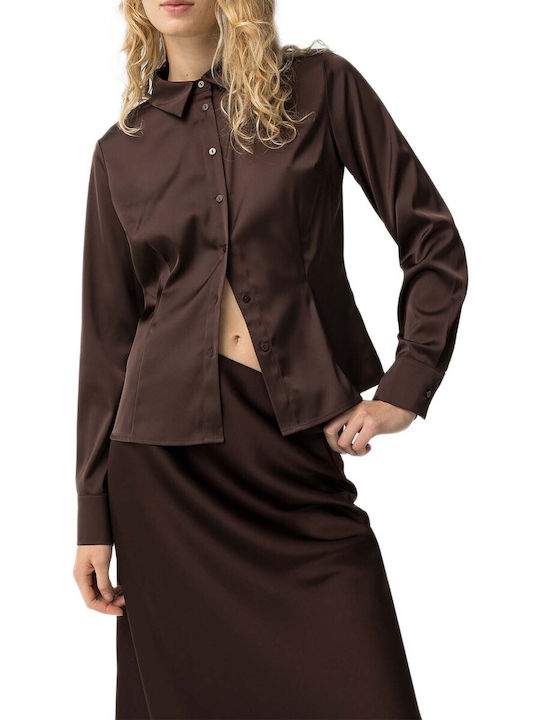 Langärmelig Damen Satin,σατεν Hemd Brown