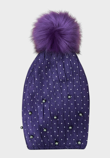 Pom Pom Beanie Beanie Knitted in Purple color