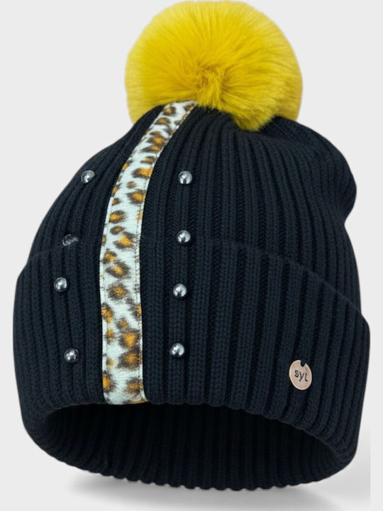 Pom Pom Beanie Γυναικείος Σκούφος Πλεκτός σε Μαύρο χρώμα