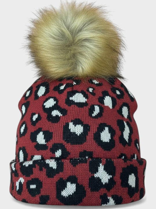 Pom Pom Beanie Γυναικείος Σκούφος Πλεκτός σε Κόκκινο χρώμα