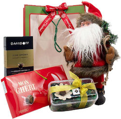 Pachet Cadou De Crăciun Vesel Moș Crăciun Cântând Dansând Praline Mon Cheri Cafea Davidoff Flori Uscate Parfumate
