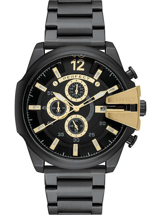 Perfect Ceas Barbătesc 53mm Cronograf cu Baterie cu Brățară din Metal Neagră