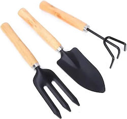 Set of 3 Mini Garden Tools Wooden Handle Shovel Fork & Rake for Pots & Bonsai