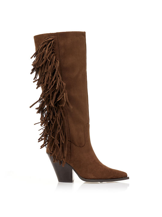 Suede High Heel Cowboy Boots with Zipper Brown
