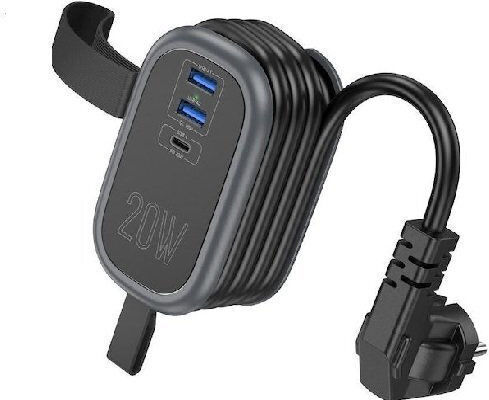 Захранваща лента Безопасност с 2 USB-A, USB-C, Превключвател и Дистанционно управление Безжични Черен