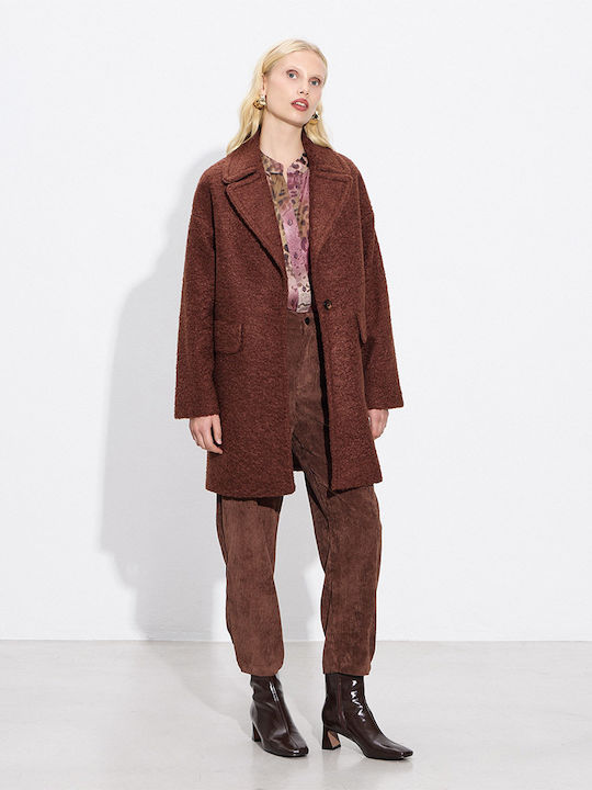 Curly Women's Brown Peacoat with Buttons
