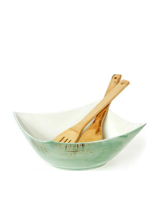 Cryspo Trio Country Porcelain Salad Bowl with Salad Spoons Green 25x25x12cm