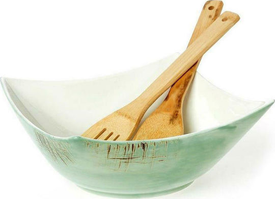Cryspo Trio Country Porcelain Salad Bowl with Salad Spoons Green 25x25x12cm