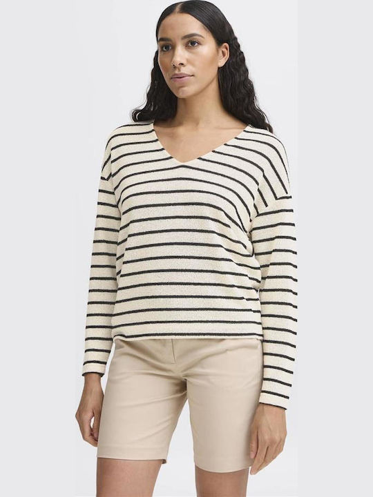 Damen Langarm Pullover mit V-Ausschnitt Gestreift Ecru