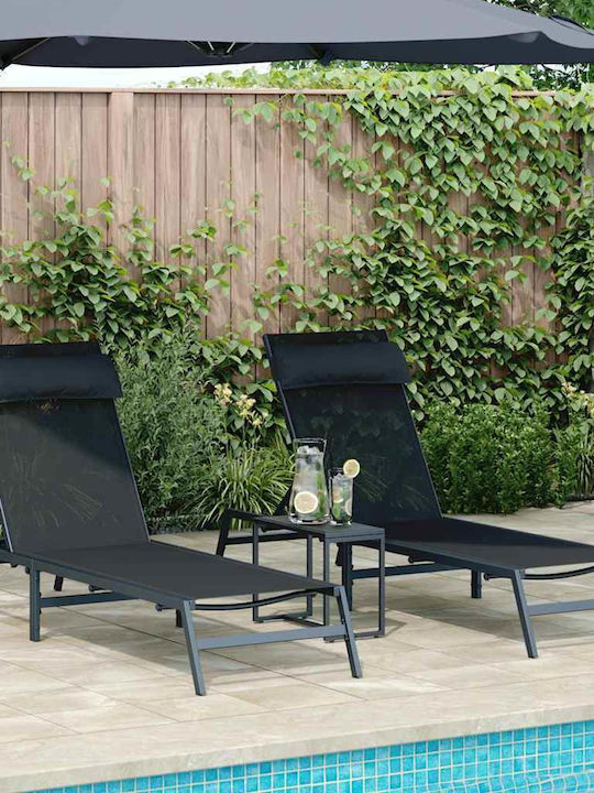 Deckchair Metallic with Cushion Black with Table 197x54x26cm.