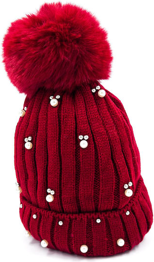 Pom Pom Beanie Women's Fleece Knitted Beanie in Red Color