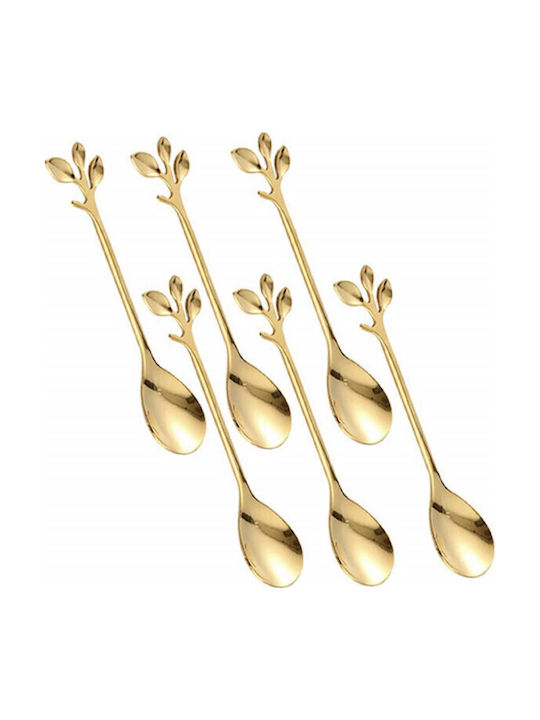 Set 6 Linguri Puff Leaf Cafea Ceai Desert Inox Mâner În formă de frunză Aurie 13 Cm