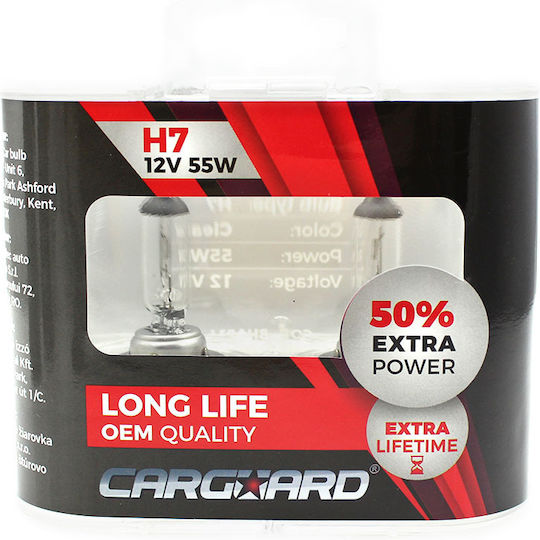Set 2 Lămpi Auto Halogen H7 55w +50% Intensitate Durată Lungă Carguard