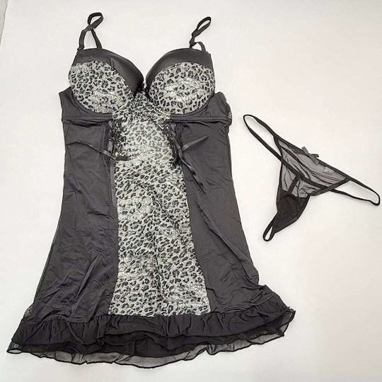 Set Women’s Lingerie Thong Nightdress Animal Print Black Gray