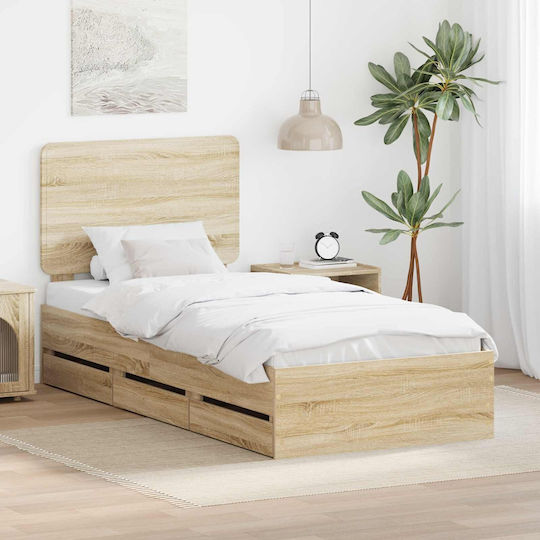 Pat Single Din Lemn Stejar Sonoma Cu Plăci Pentru Saltea 75x190cm