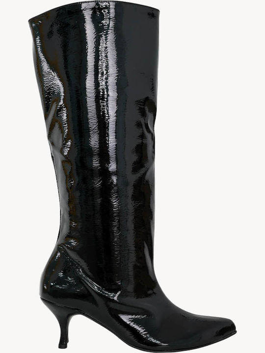 Schwarze Lackleder Damenstiefel Breite Passform Kitten Heel