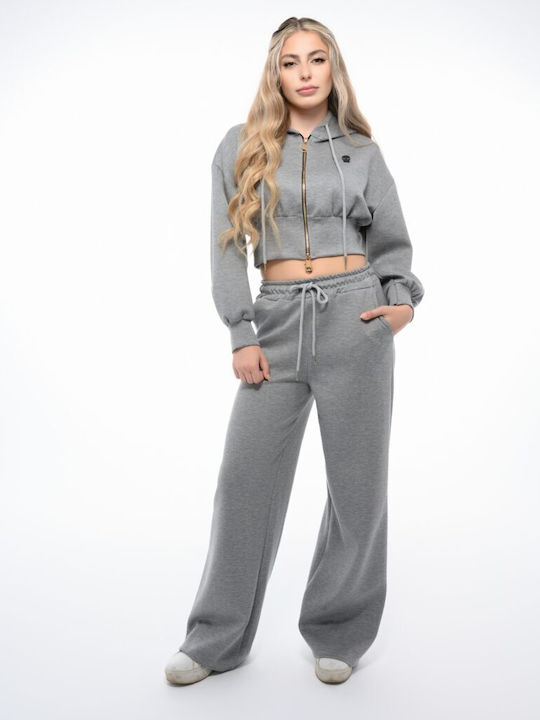 Cropped Γυναικεία Ζακέτα Φούτερ με Κουκούλα Grey
