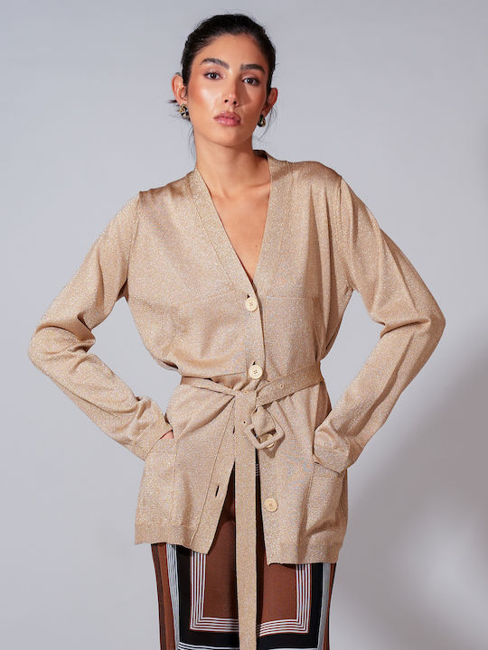 CIRCUS HOTEL Long Women's Cardigan with Buttons Gold