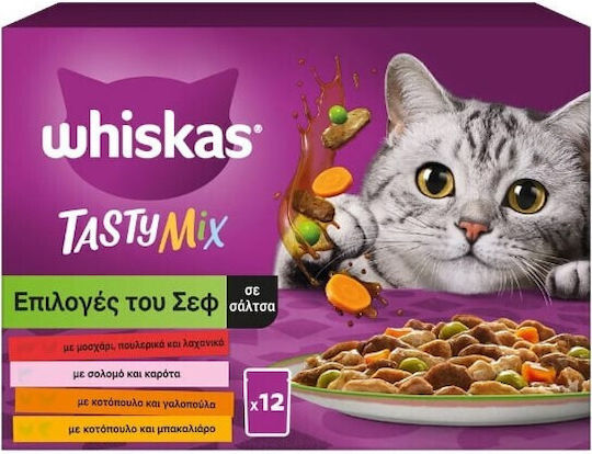 Whiskas Tasty Mix Wet Food for Adult Cats in Pouches with Calf, Poultry, Salmon and Vegetables 4x85gr