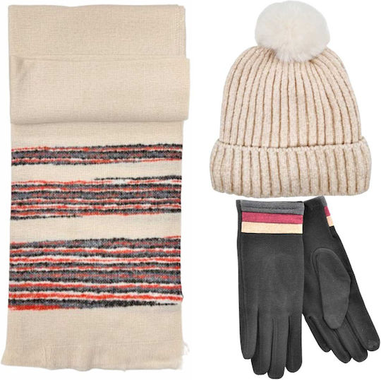 Frauen Set mit Beanie Gestrickt in Ecru Farbe