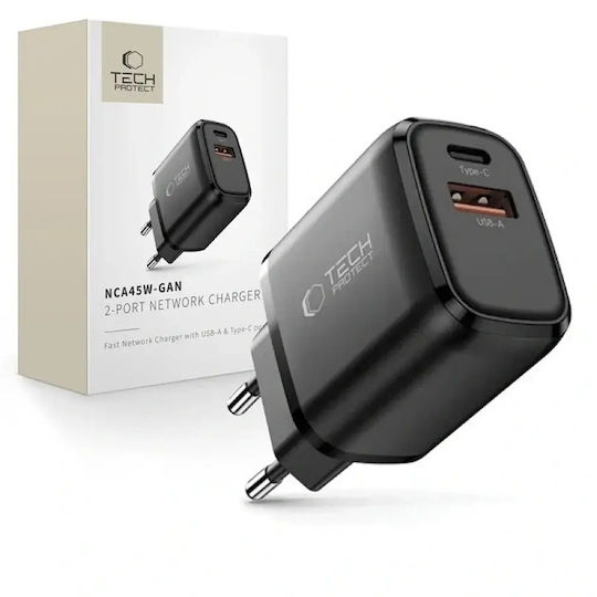 Tech-Protect Wireless Charger GaN With USB-A Output Port And USB-C Output Port 45W Power Delivery Black (NCA45W)