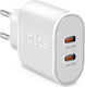 SBS Φορτιστής Χωρίς Καλώδιο GaN με 2 Θύρες USB-C 45W Power Delivery Λευκός (TETR2CPD45W)