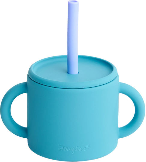 Zingies Kleinkinderbecher mit Griffen und Strohhalm aus Silikon Blau 180ml